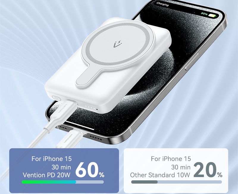 Powerbanka Vention 5000mAh Magnetic Wireless Power Bank 20 W Black Light Indicator Display Type