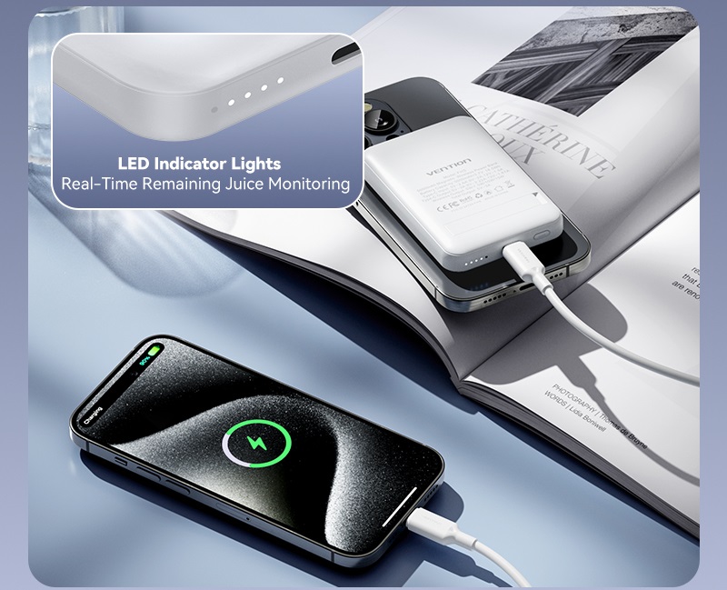 Powerbanka Vention 5000mAh Magnetic Wireless Power Bank 20 W Black Light Indicator Display Type