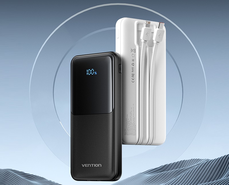 Powerbanka Vention 10000mAh Power Bank s integrovanými USB-C a Lightning Cables 22.5 W Black LED Display Type