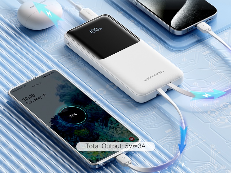 Powerbanka Vention 10000mAh Power Bank s integrovanými USB-C a Lightning Cables 22.5 W Black LED Display Type