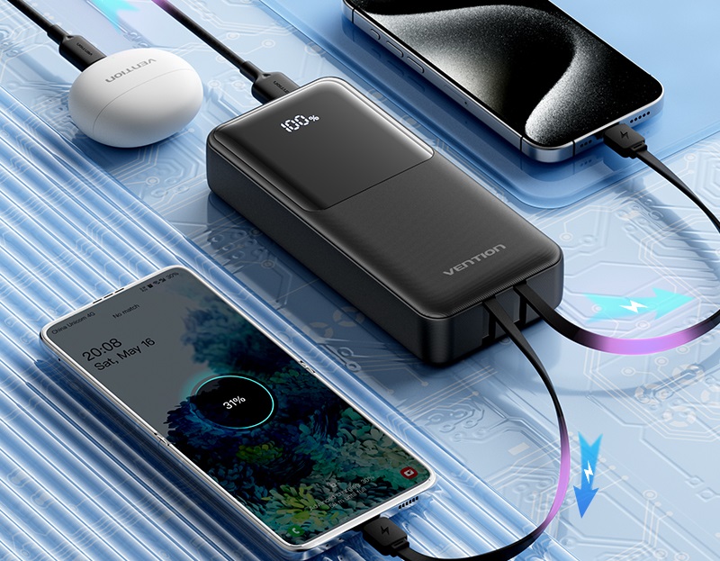 Powerbanka Vention 20000mAh Power Bank s integrovaným USB-C a Lightning Cables 22.5 W Black LED Display Type