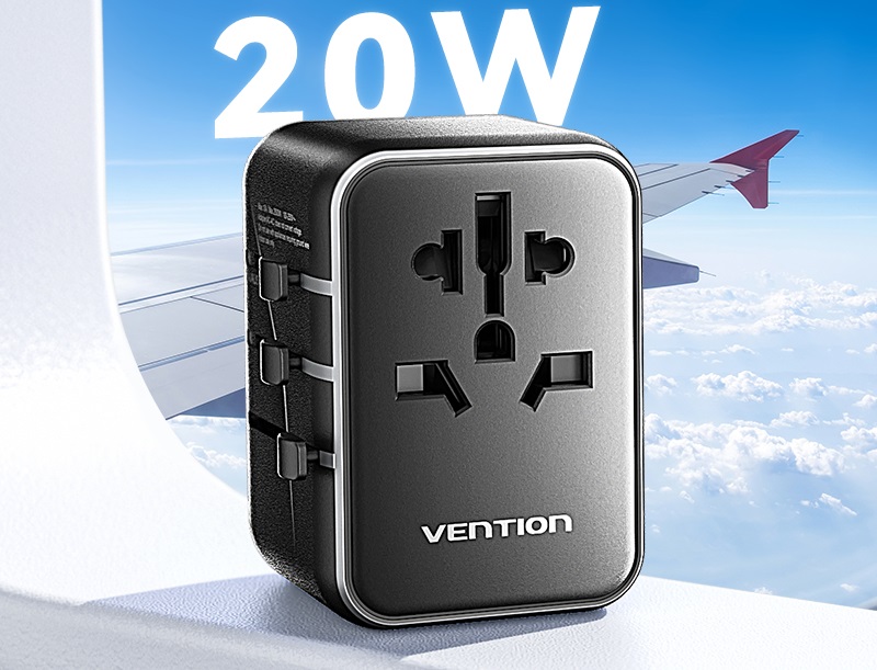 Nabíjačka do siete Vention 3-Port USB (C + A + A) Universal Travel Adapter (20 W/18 W/18 W) Black