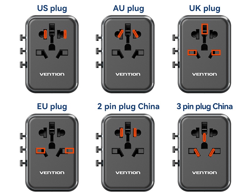 Nabíjačka do siete Vention 3-Port USB (C + A + A) Universal Travel Adapter (20 W/18 W/18 W) Black