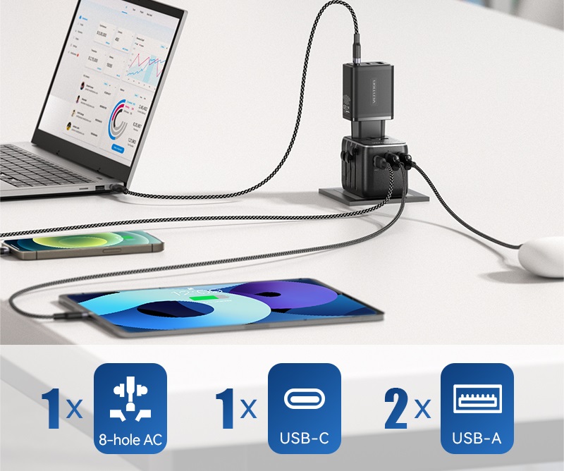 Nabíjačka do siete Vention 3-Port USB (C + A + A) Universal Travel Adapter (20 W/18 W/18 W) Black