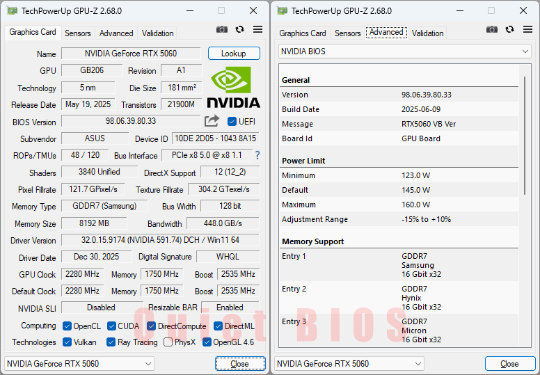 Asus DUAL RTX 5060 O8G GPUZ; Q-mode