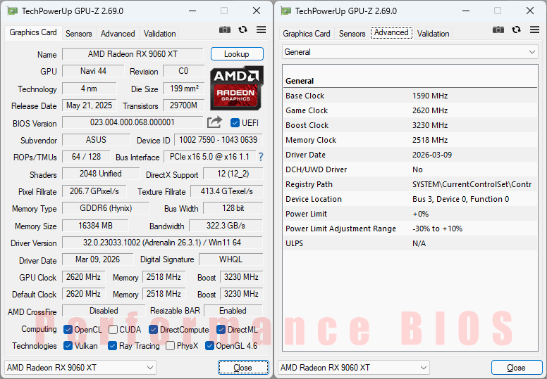 AAsus DUAL RX 9060 XT 16G GPUZ; P-mode