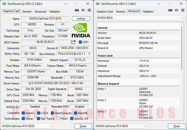 Asus PRIME RTX 5070 O12G WHITE GPUZ; P-mode