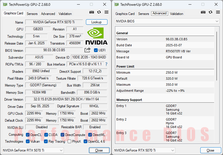Asus STRIX RTX 5070 Ti O16G Gaming GPUZ; P-mode
