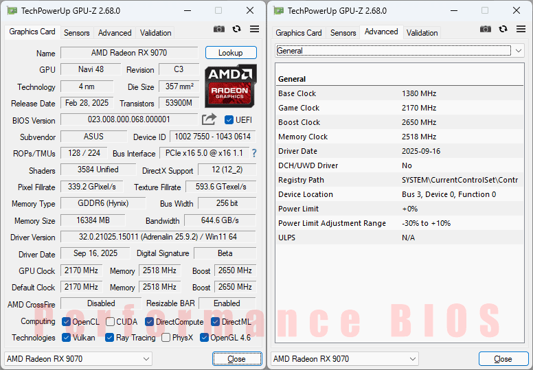 Asus TUF RX 9070 O16G Gaming GPUZ; P-mode