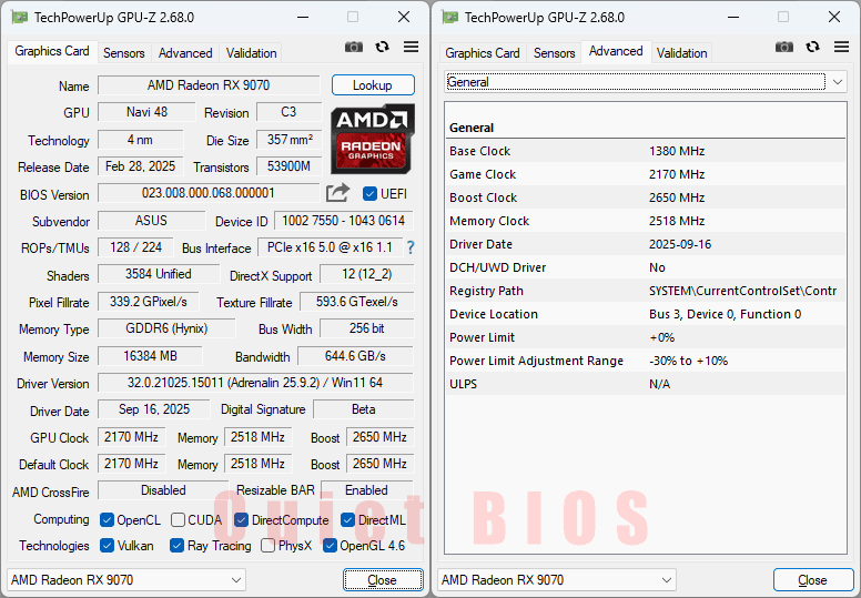 Asus TUF RX 9070 O16G Gaming GPUZ; Q-mode