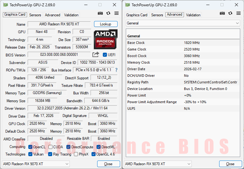 Asus TUF RX 9070 XT O16G Gaming GPUZ; P-mode
