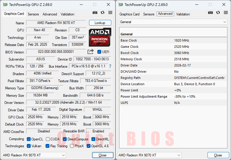 Asus TUF RX 9070 XT O16G Gaming GPUZ; Q-mode