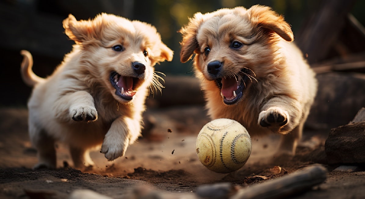 Dve šteňatá sa hrajú. Vygenerované s pomocou Midjourney.