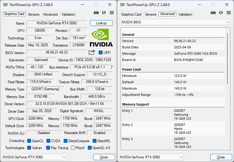 Gainward RTX 5060 PYTHON III 8G GPUZ