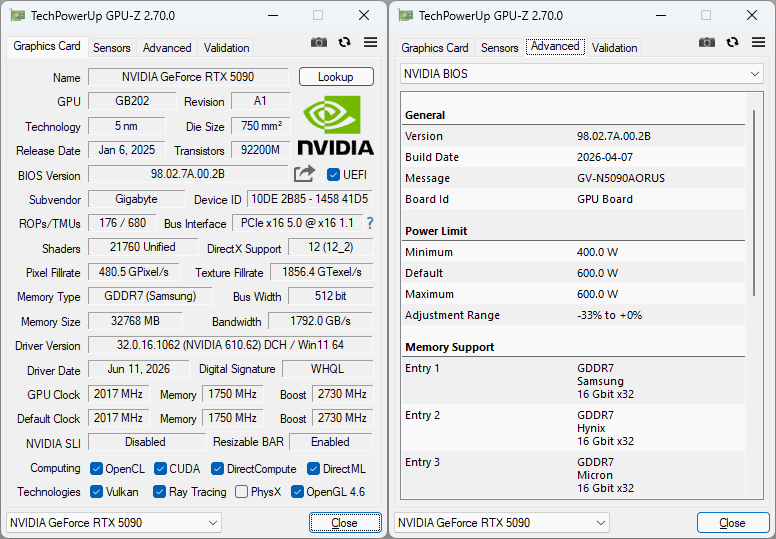 Gigabyte AORUS RTX 5090 INFINITY 32G GPUZ Gigabyte AORUS RTX 5090 INFINITY 32G GPUZ