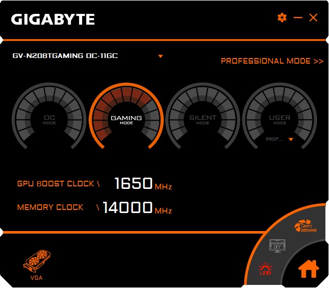 Gigabyte RTX 2080 Ti Gaming OC 11G Graphics Engine Gaming mode