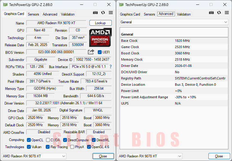 Gigabyte RX 9070 XT GAMING OC ICE 16G GPUZ; Silent