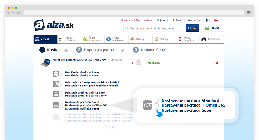 Výber služby Prvé spustenie v košíku