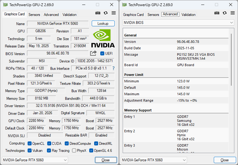 MSI RTX 5060 8G VENTUS 2X OC GPUZ