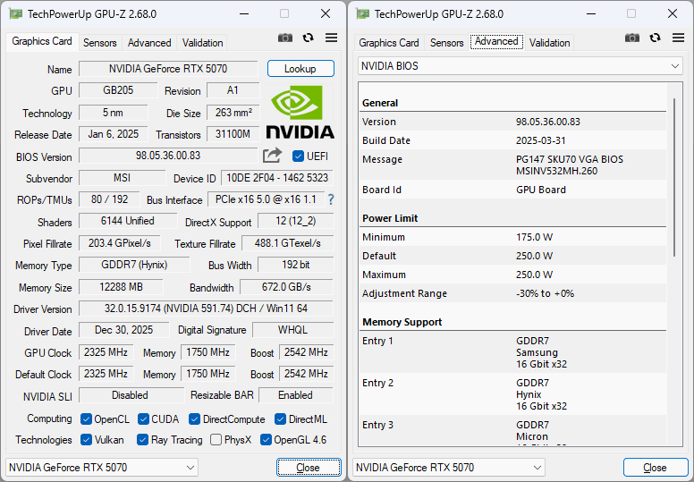 MSI RTX 5070 12G VENTUS 2X OC WHITE GPUZ
