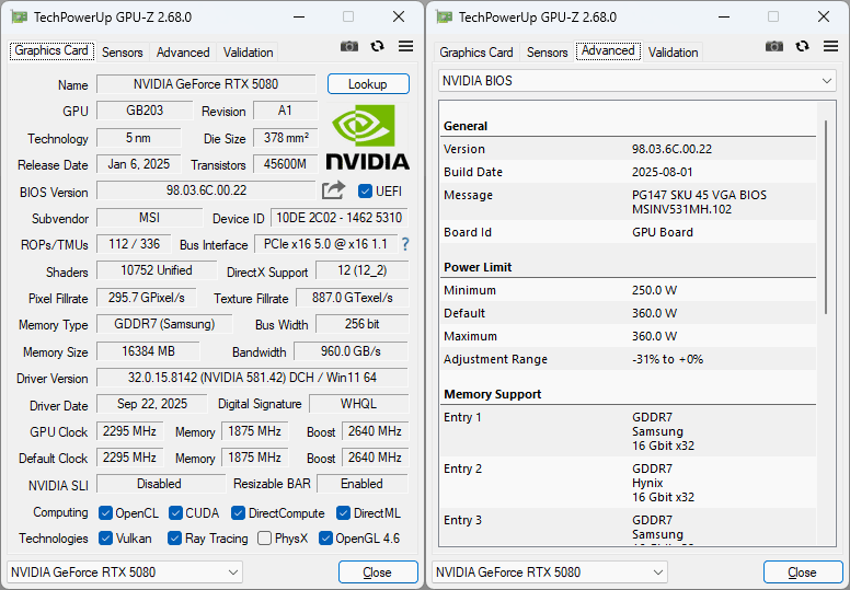 MSI RTX 5080 16G VENTUS 3X OC PLUS GPUZ