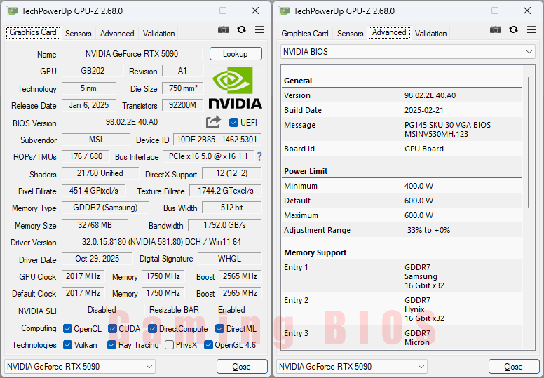 MSI RTX 5090 32G SUPRIM SOC GPUZ; Gaming BIOS