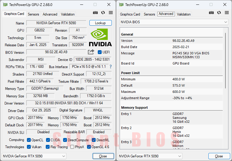 MSI RTX 5090 32G SUPRIM SOC GPUZ; Silent BIOS