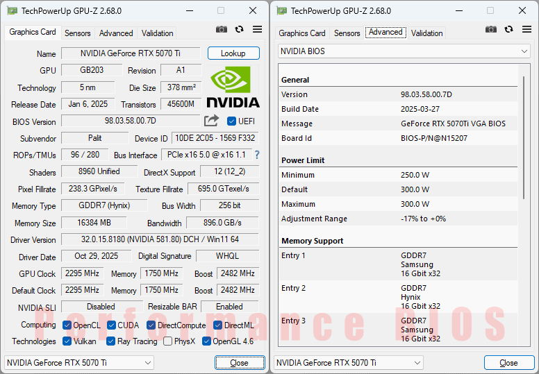 PALiT RTX 5070 Ti GamingPro-S OC 16G GPUZ; Performance BIOS