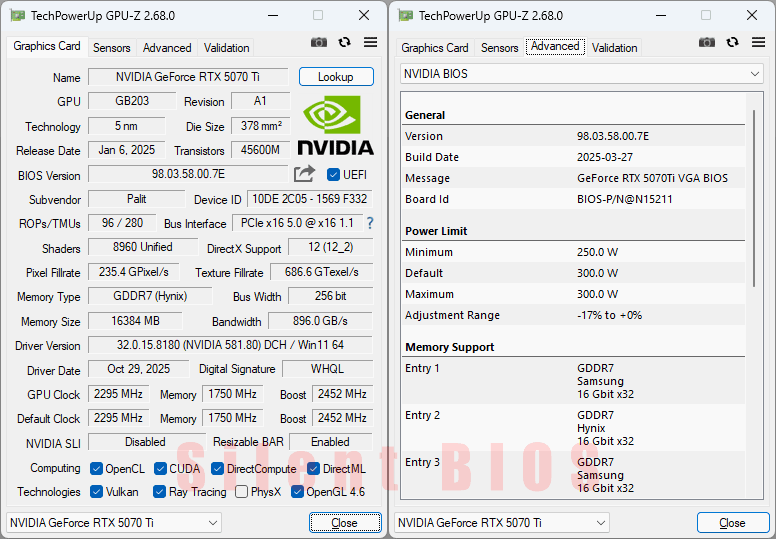 PALiT RTX 5070 Ti GamingPro-S OC 16G GPUZ; Silent BIOS