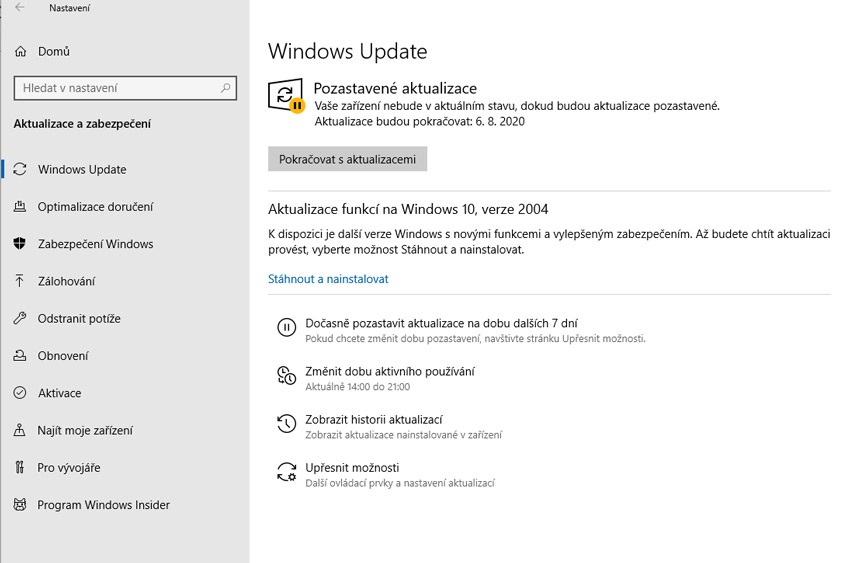 Windows 10, pozastavené aktualizácie