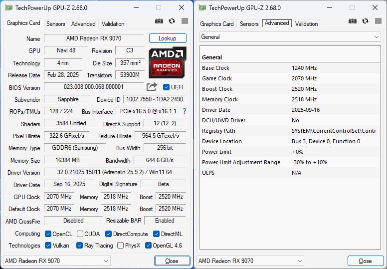 Sapphire PULSE RX 9070 GAMING 16G GPU-Z Sapphire PULSE RX 9070 GAMING 16G GPUZ