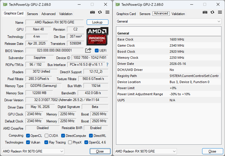 Sapphire PULSE RX 9070 GRE GAMING OC 12G GPU-Z Sapphire PULSE RX 9070 GRE GAMING OC 12G GPUZ