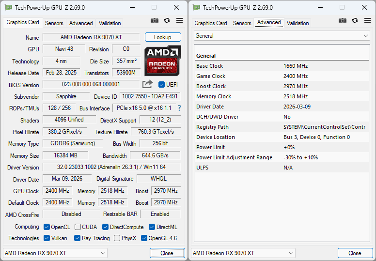 Sapphire PULSE RX 9070 XT GAMING 16G GPUZ