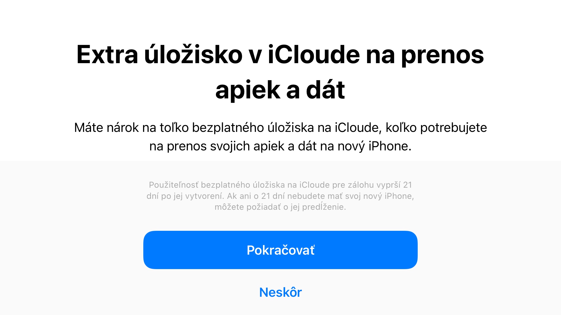 Ako na továrenské nastavenie v iPhone, iCloud kapacita na prenos dát