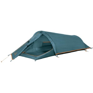 Zelenomodrý ultralight stan s tunelovou konštrukciou a s oranžovými prvkami
