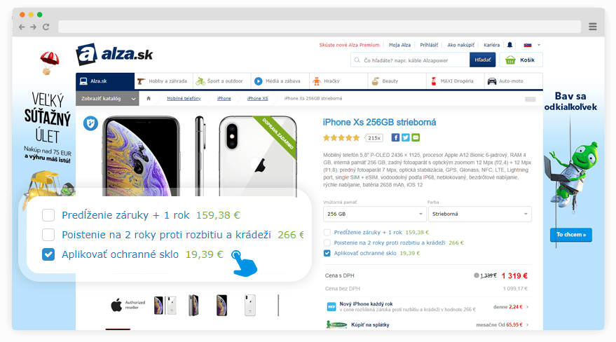 Voľba Aplikovať ochranné sklo na detaile produktu