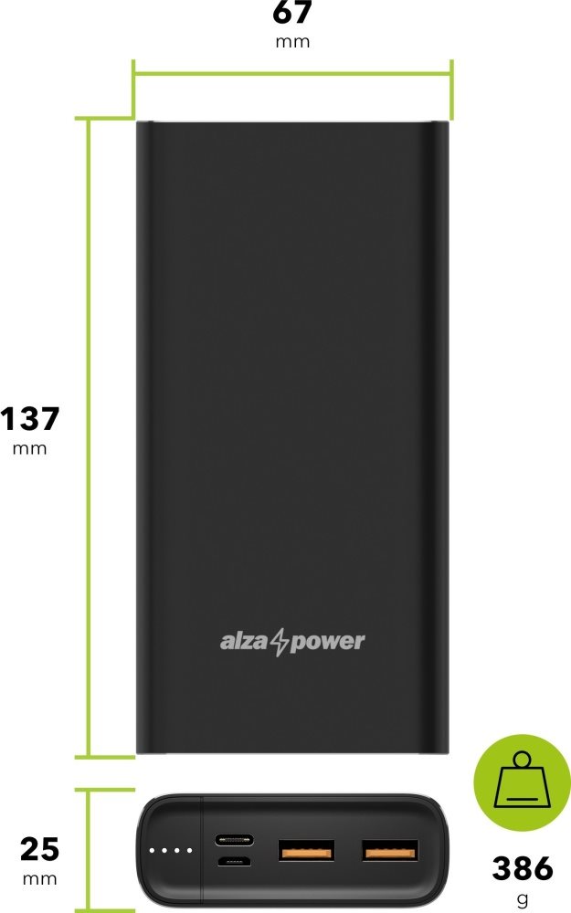 Powerbanka AlzaPower Metal 20000mAh Fast Charge + PD3.0 čierna