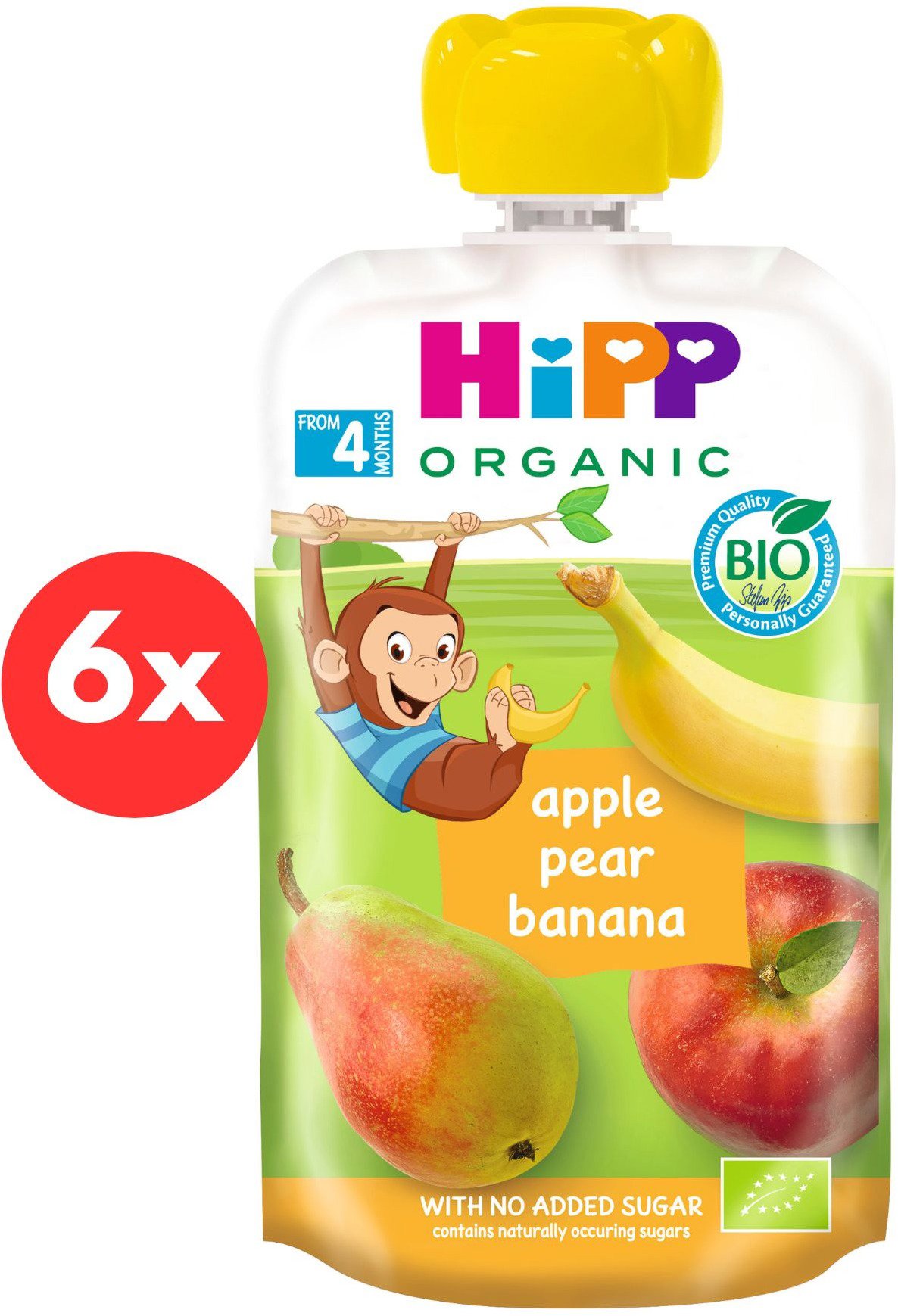 HiPP BIO 100 % ovocie Jablko-Hruška-Banán od uk. 4. mesiaca, 6× 100 g - Kapsička pre deti