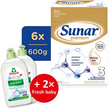 Sunar Premium 3 Dojčenské mlieko 6× 600 g + 2× FROSCH Baby Hypoalergénny umývací prostriedok 500 ml - Dojčenské mlieko