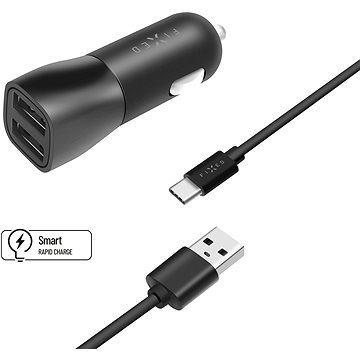 FIXED Smart Rapid Charge 15 W s 2× USB výstupom a USB/USB-C káblom 1 m čierna