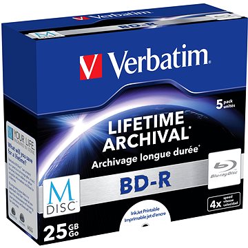 VERBATIM M-DISC BD-R SL 25GB 4× INKJET PRINTABLE spindle 5pck/BAL