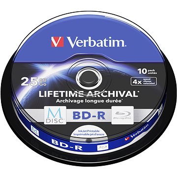 VERBATIM M-DISC BD-R SL 25 GB 4× INKJET PRINTABLE spindle 10pck/BAL