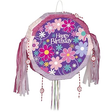 Piňata Happy Birthday – kvety – 47 × 47 × 2,5 cm – ťahacia