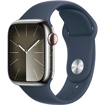 Apple Watch Series 9 41 mm Cellular Strieborný nerez s búrkovo modrým športovým remienkom – S/M