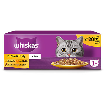 Whiskas 1+ – Hydinové hody, krmivo pre dospelé mačky v želé, 120 × 85 g