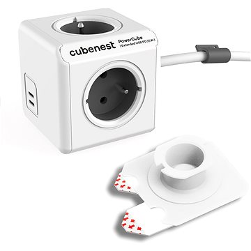 Cubenest Powercube Extended USB PD 35W, 2× UBS-C, 4× zásuvka, 1,5 m, biela/sivá