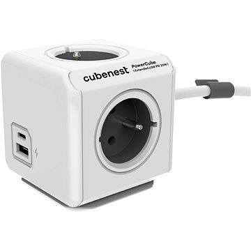 Cubenest Powercube Extended USB PD 20W, A + C, 4× zásuvka, 3 m, biela/sivá