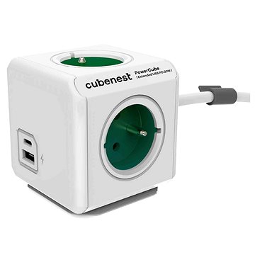 Cubenest Powercube Extended USB PD 20W, A + C, 4× zásuvka, 1,5 m, biela/zelená