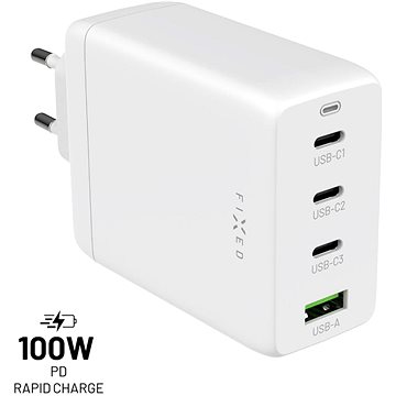 FIXED GaN s 3× USB-C a USB výstupom podpora PD 3.0 100 W biela