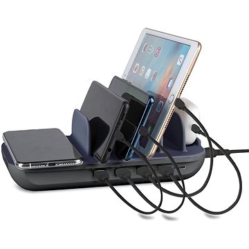 4smarts Charging Station Family Evo 63 W with Qi Wireless Charger incl.Cables, grey/cobal